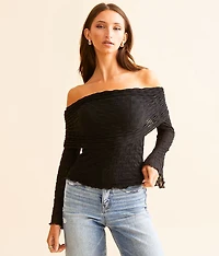 Textured Mesh Off The Shoulder Top