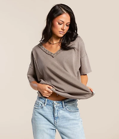 Pieced Waffle Knit Washed Top
