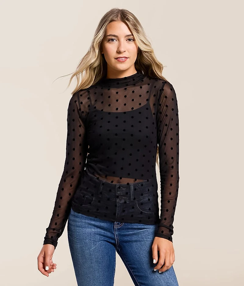 Flocked Polka Dot Mesh Top