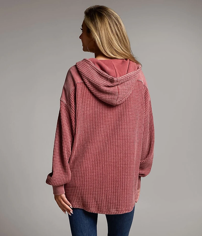 Pieced Waffle Knit Hooded Shacket