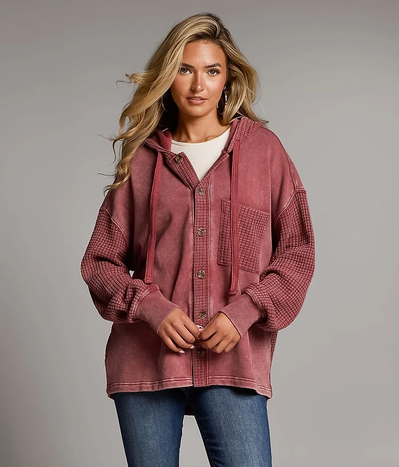Pieced Waffle Knit Hooded Shacket