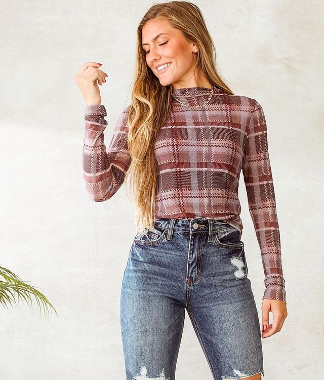 Willow & Root Plaid Mesh Knit Top