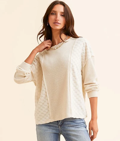 Brushed Waffle Knit Checkered Top
