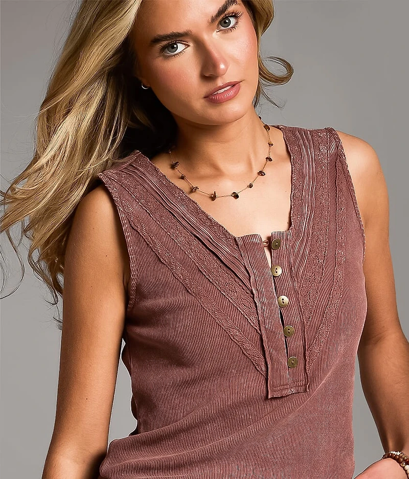 Lace Trim Ribbed Henley Tank Top