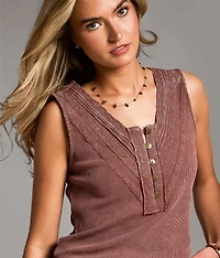 Lace Trim Ribbed Henley Tank Top