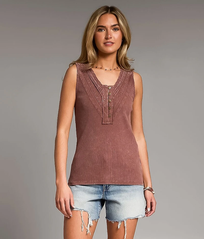 Lace Trim Ribbed Henley Tank Top