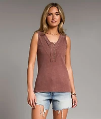 Lace Trim Ribbed Henley Tank Top