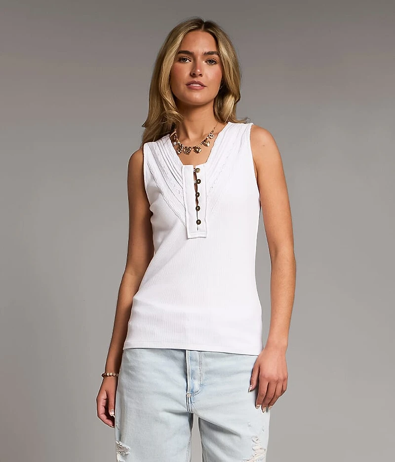 Lace Trim Ribbed Henley Tank Top