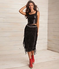 Washed Fringe Midi Skirt