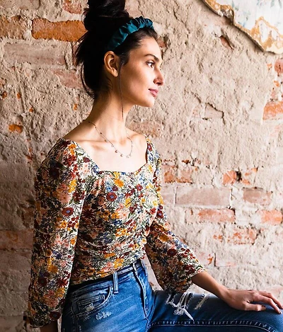 Square Neck Floral Ruched Top