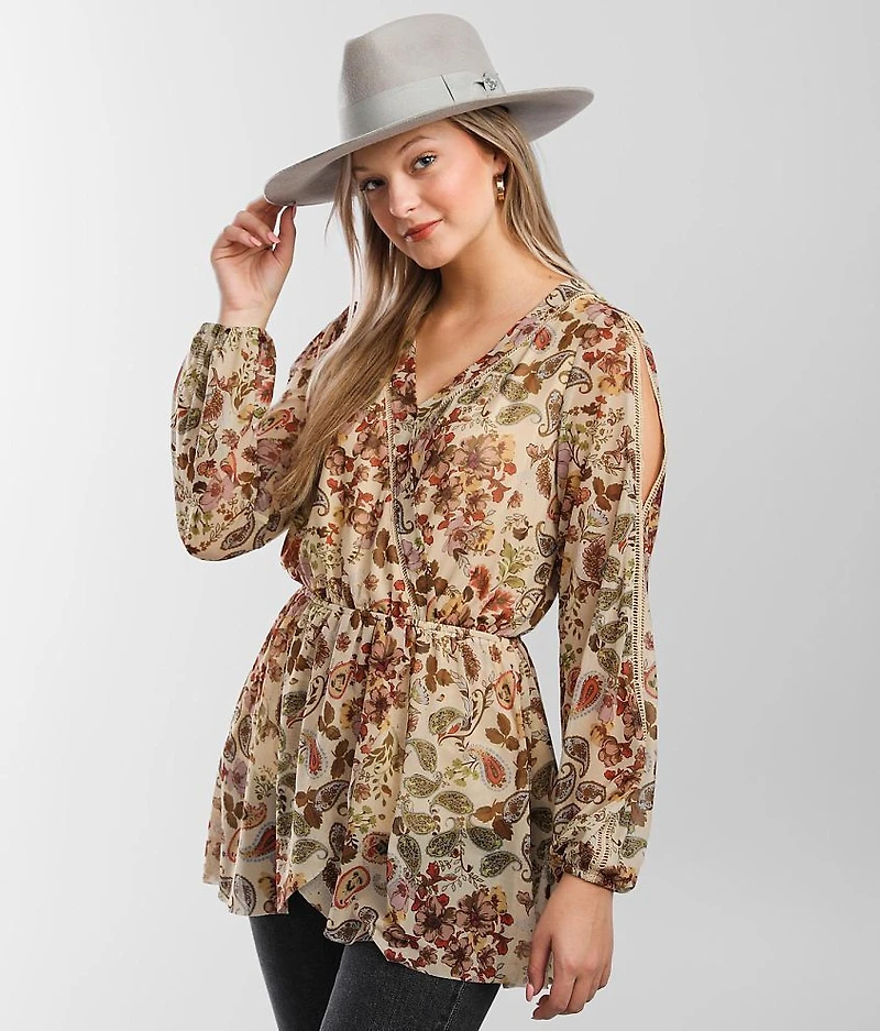 Floral Mesh Surplice Top