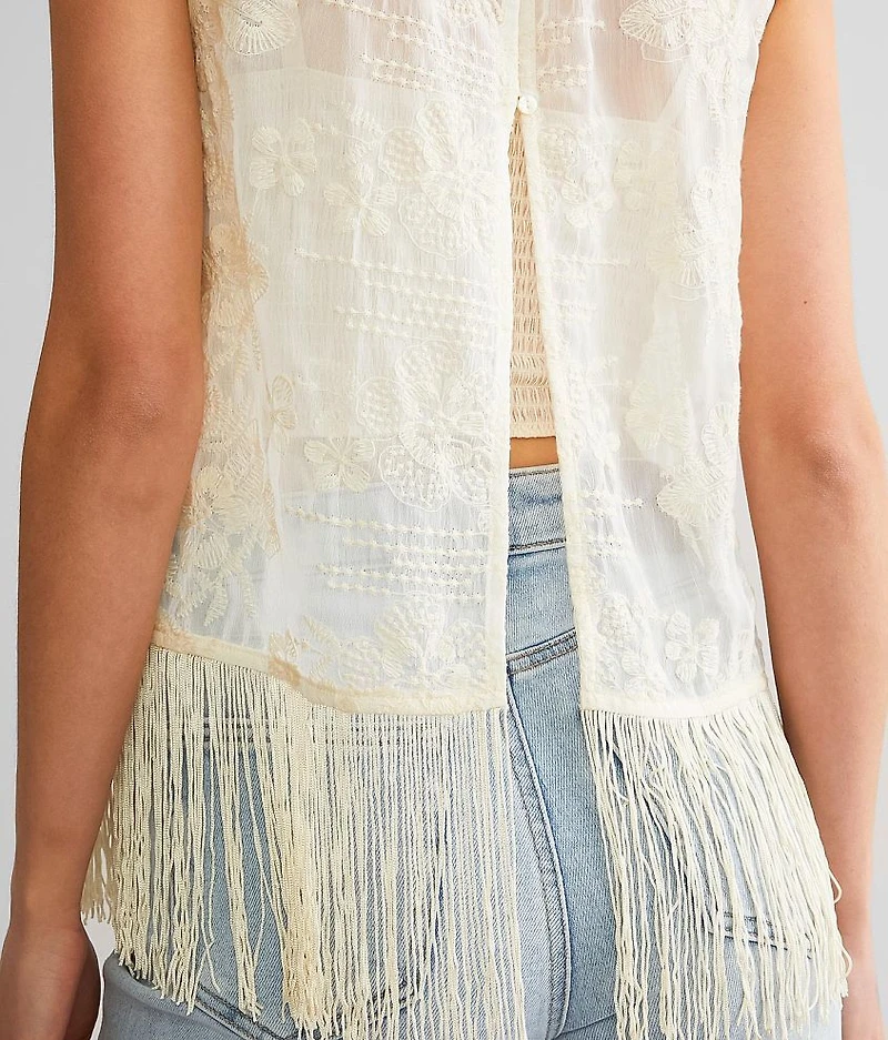 Embroidered Mesh Fringe Tank Top