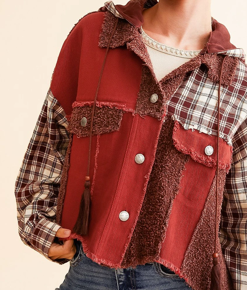 Pieced Plaid Hooded Shacket
