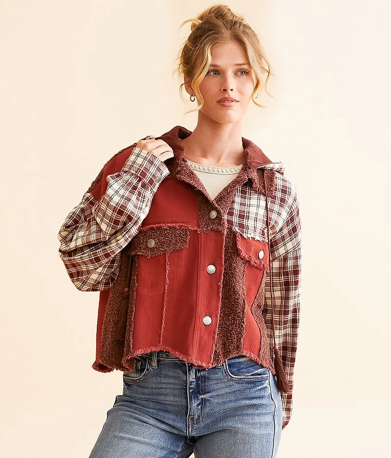 Pieced Plaid Hooded Shacket