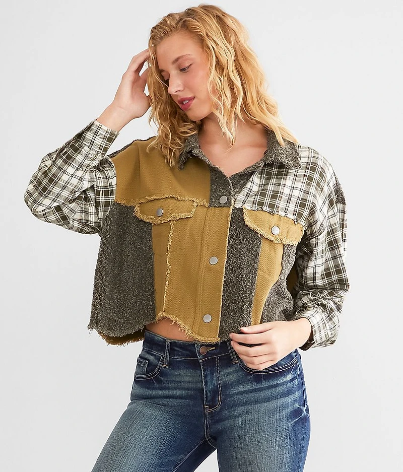 Pieced Plaid Hooded Shacket