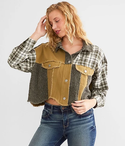 Pieced Plaid Hooded Shacket