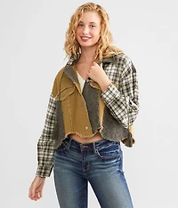 Pieced Plaid Hooded Shacket