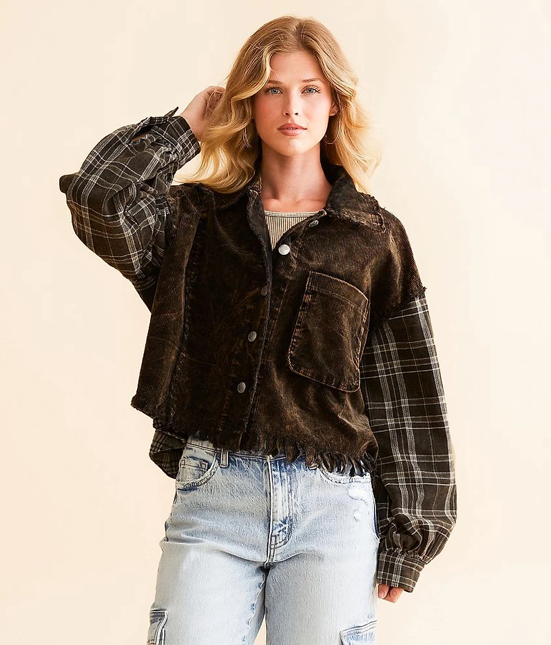 Pieced Plaid Washed Corduroy Jacket
