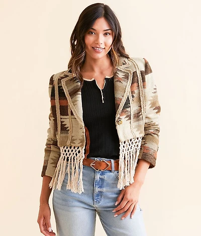 Aztec Macrame Fringe Cropped Blazer