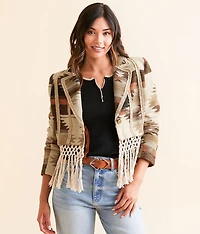 Aztec Macrame Fringe Cropped Blazer