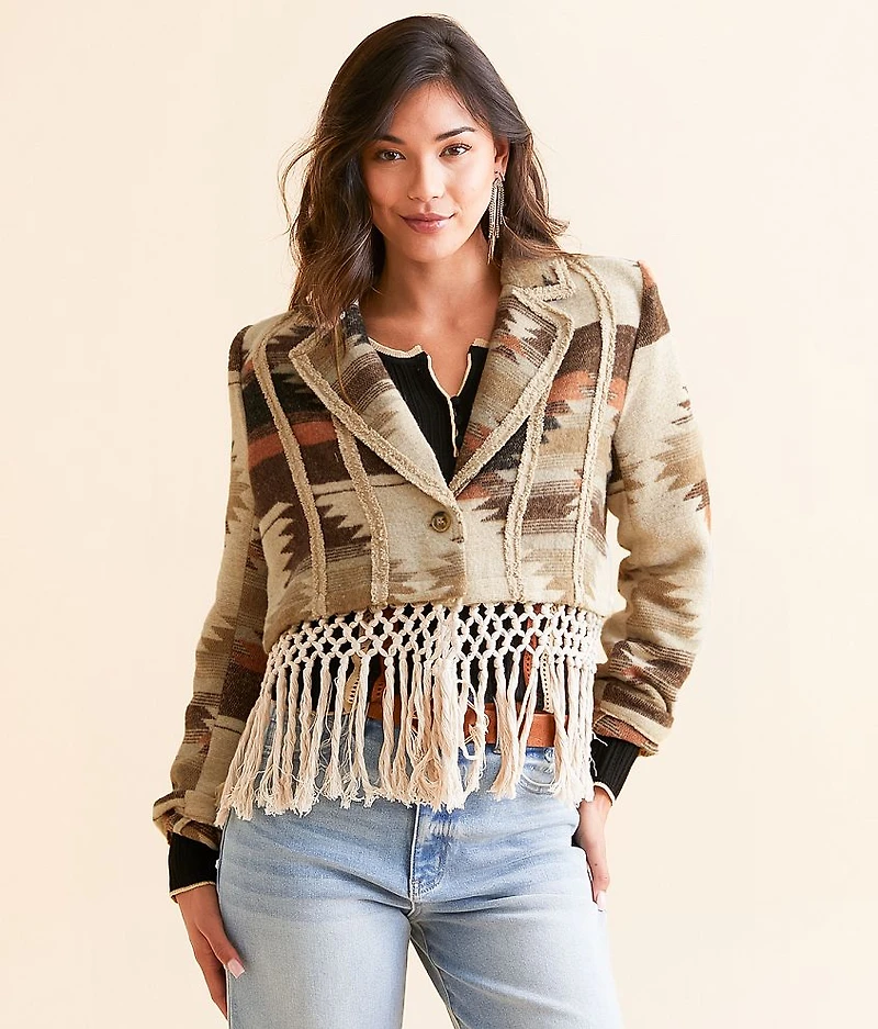 Aztec Macrame Fringe Cropped Blazer