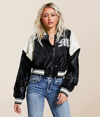 Pieced Sheen Faux Leather Bomber Jacket