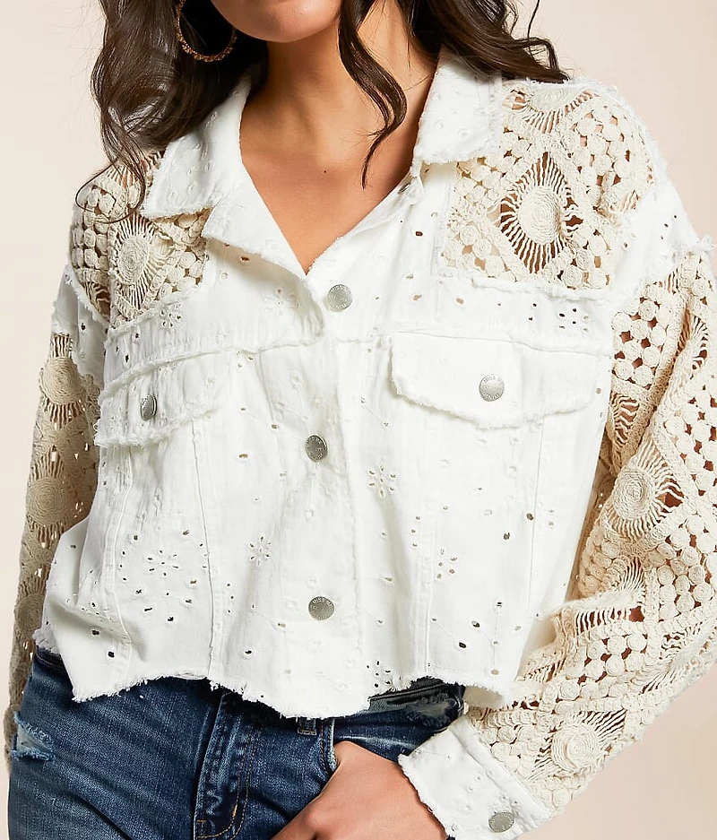 Pieced Eyelet Denim Cropped Jacket