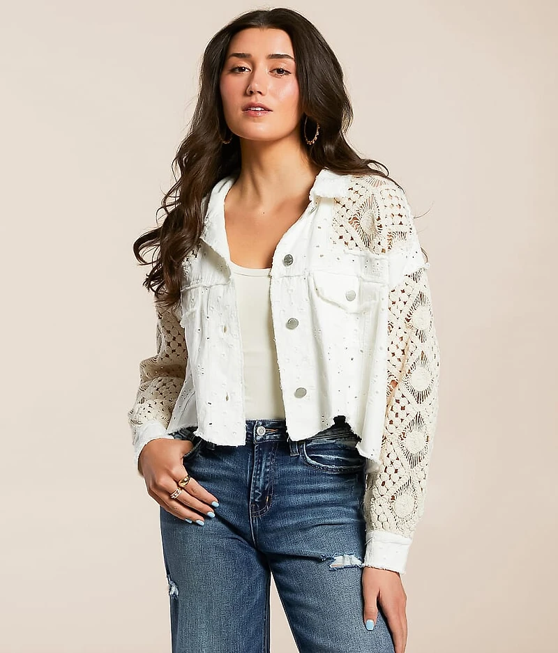 Pieced Eyelet Denim Cropped Jacket