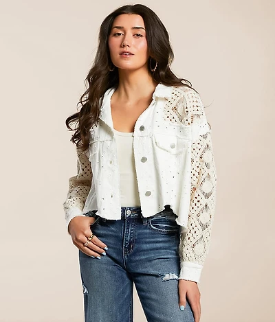 Pieced Eyelet Denim Cropped Jacket