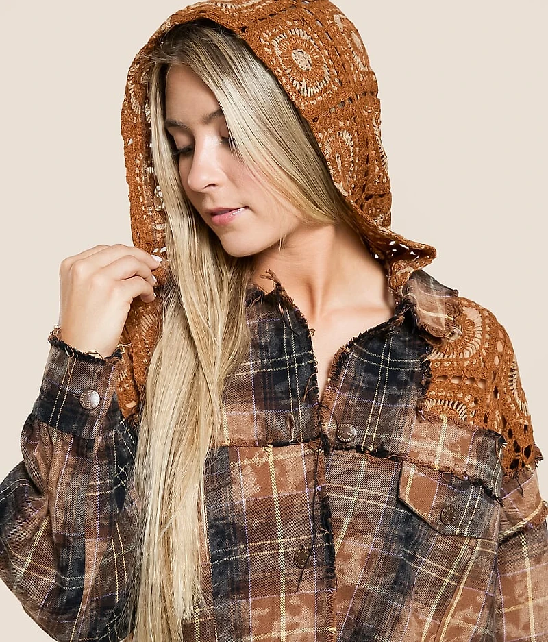 Washed Plaid Hooded Shacket
