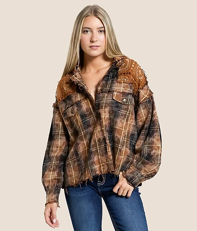 Washed Plaid Hooded Shacket
