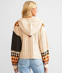 Mixed Print Hooded Cardigan Sweater