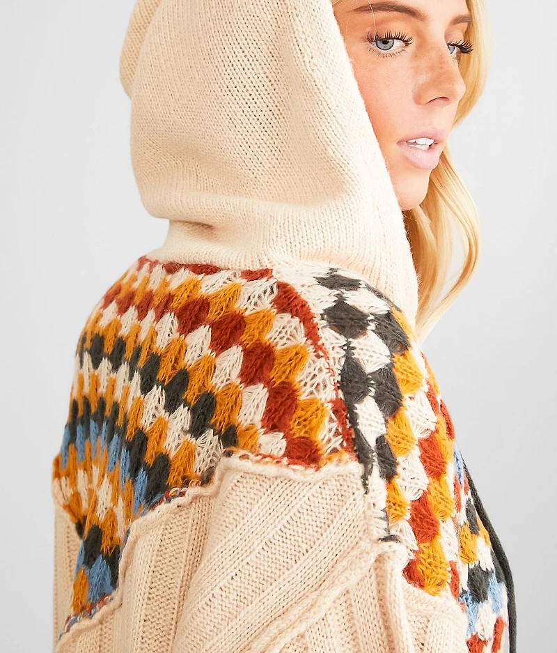 Mixed Print Hooded Cardigan Sweater