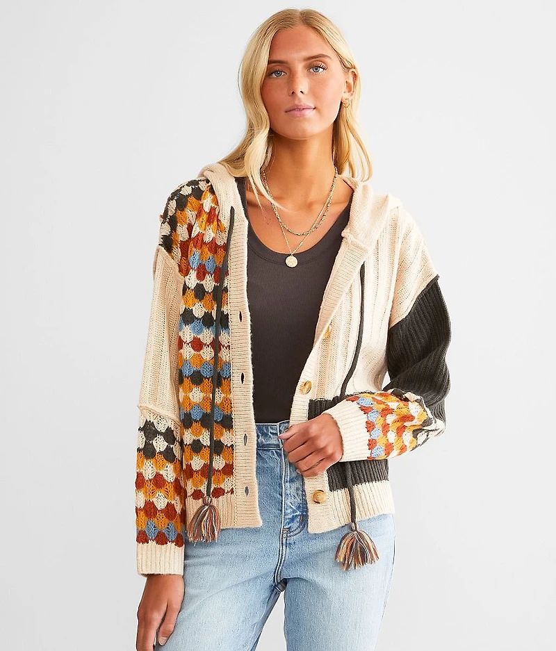 Mixed Print Hooded Cardigan Sweater