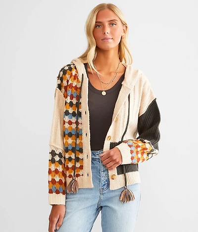 Mixed Print Hooded Cardigan Sweater