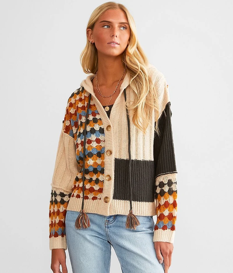 Mixed Print Hooded Cardigan Sweater