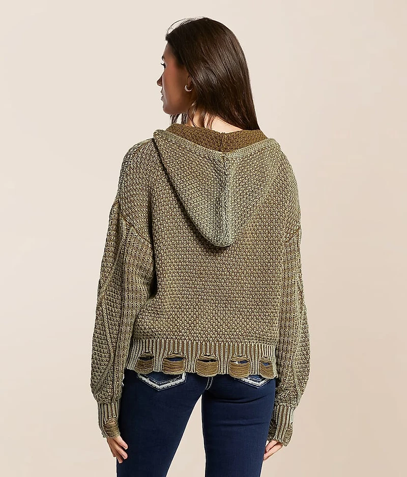 Destructed Cable Knit Hooded Sweater