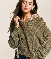 Destructed Cable Knit Hooded Sweater