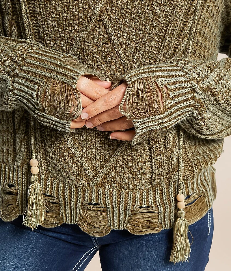 Destructed Cable Knit Hooded Sweater