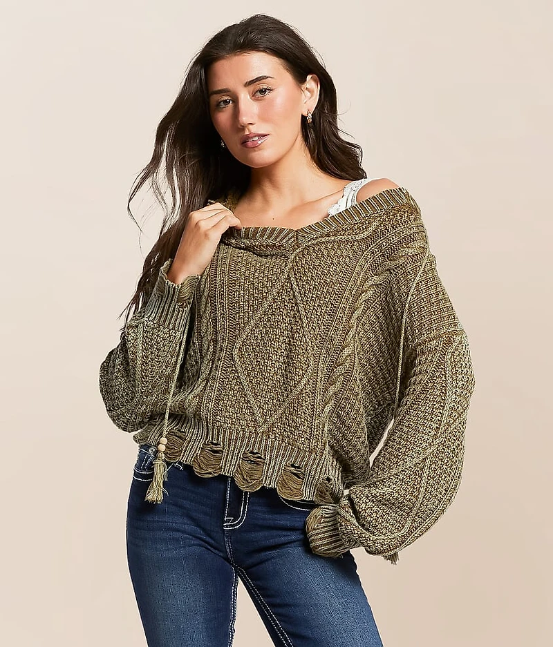 Destructed Cable Knit Hooded Sweater
