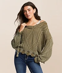 Destructed Cable Knit Hooded Sweater