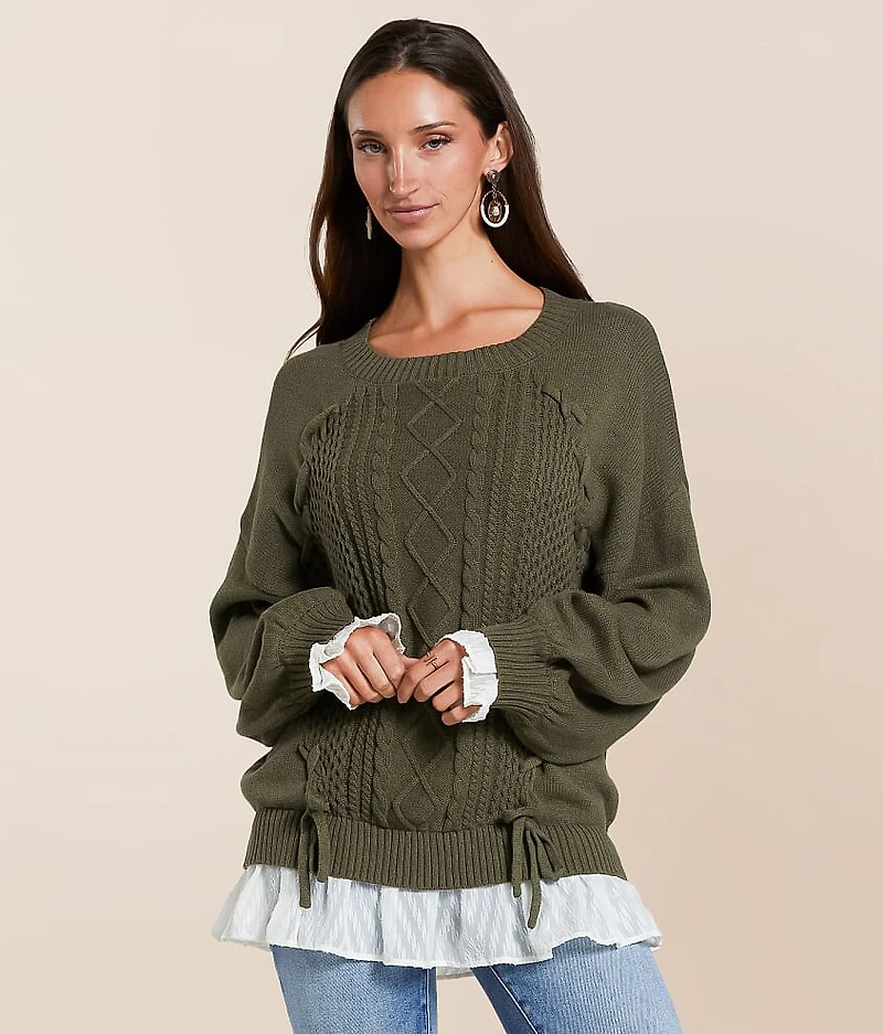 Chiffon Trim Lace-Up Sweater