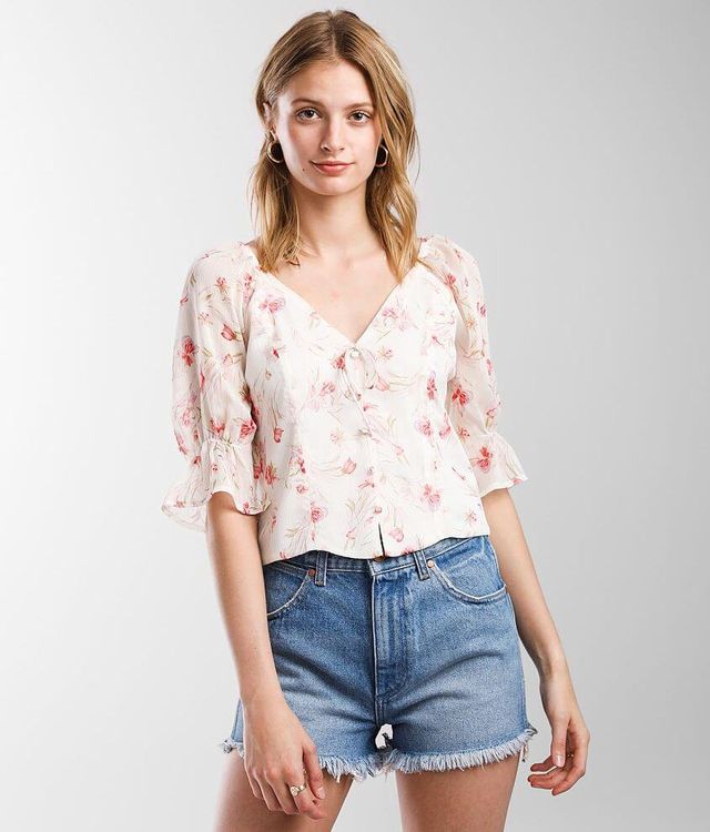 Miss Me Crinkle Floral Chiffon Cropped Top