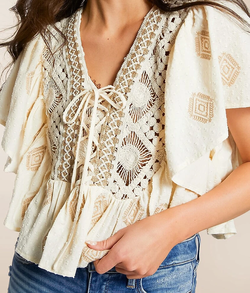 Crochet Lace-Up Ruffle Top
