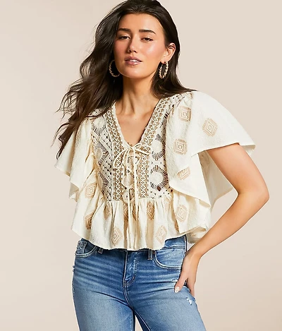 Crochet Lace-Up Ruffle Top