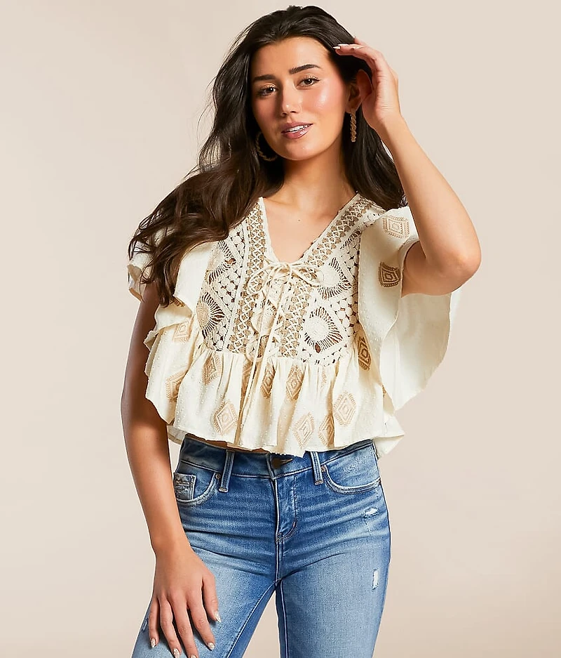 Crochet Lace-Up Ruffle Top