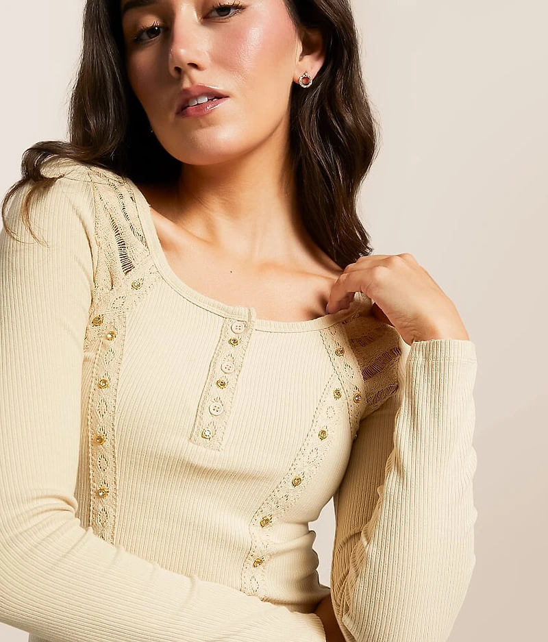 Rhinestone Ribbed Henley