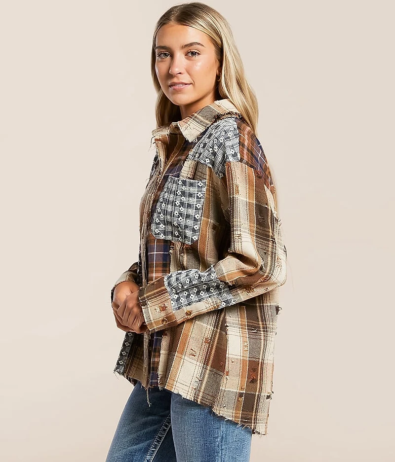 Pieced Plaid Hooded Shacket