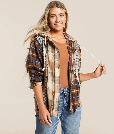 Pieced Plaid Hooded Shacket