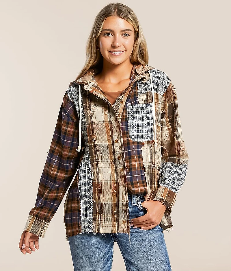 Pieced Plaid Hooded Shacket